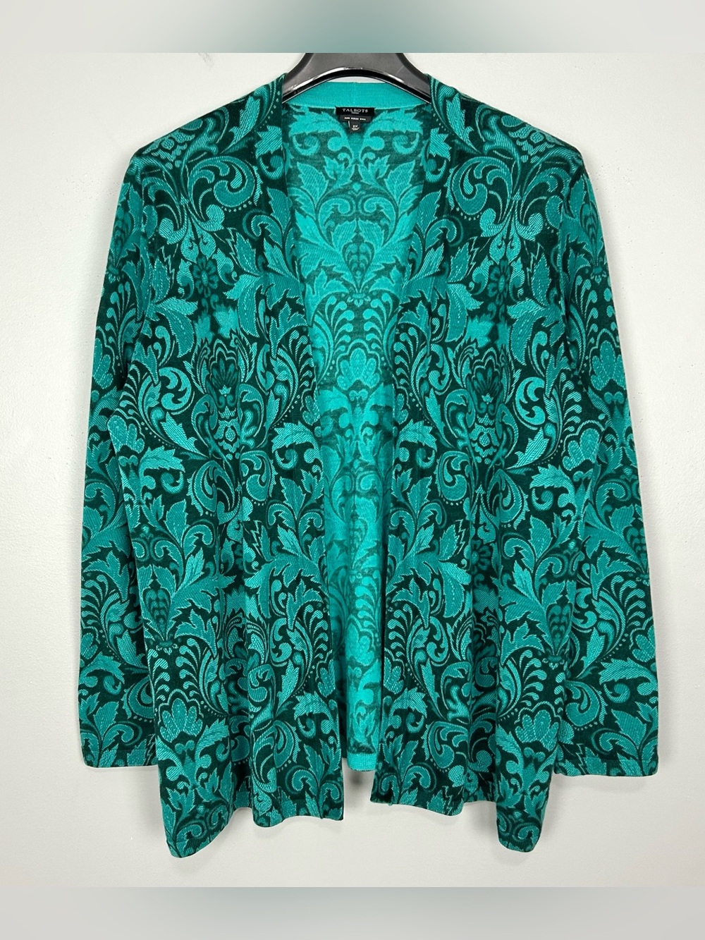 Talbots Merino Wool Cardigan Sweater Women’s Size 2X Green Damask Lightweight
